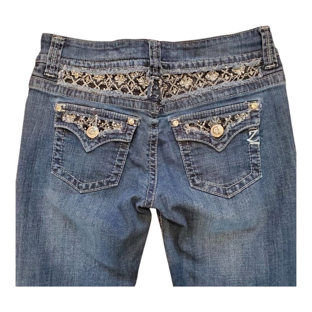 ZIPPER Premium SZ 9 Bootcut Embroidered Rhinestones Stretch Blue Jeans